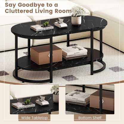 Giantex 2-Tier Coffee Table, Oval Center Table with Faux Marble Top & Open Storage Shelf, Modern Accent Table with Heavy Duty Metal Frame, Cocktail Table for Living Room Reception (Black Marble)
