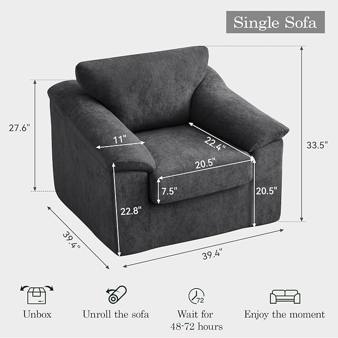 Boneless Single Sofa Chair, Modern Cloud Accent Chair, Comfy Deep Seat Couch for Living Room, Bedroom, Apartment, Small Space, No Assembly, Dark Gray