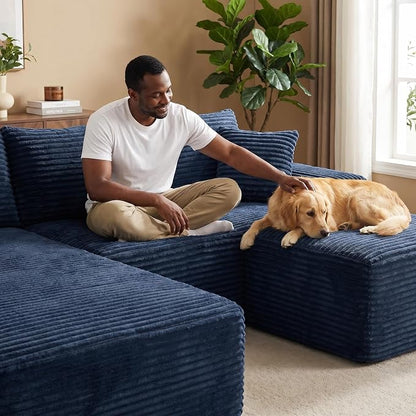 95-Inch U-Shaped Left Facing Corner Compressed Sofa Modular Sectional Boneless Cloud Sofa Floor Foam Couch W/Chaise Lounge & Ottoman, Corduroy Corner Boneless Cloud Couch
