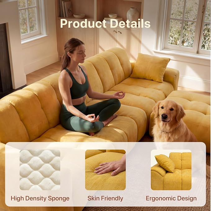 Claiks 118" Modern Boneless Couch, Corduroy Modular Cloud Sofa for Living Room, Deep Seat Sectional with Movable Ottoman, No Assembly Required, Yellow