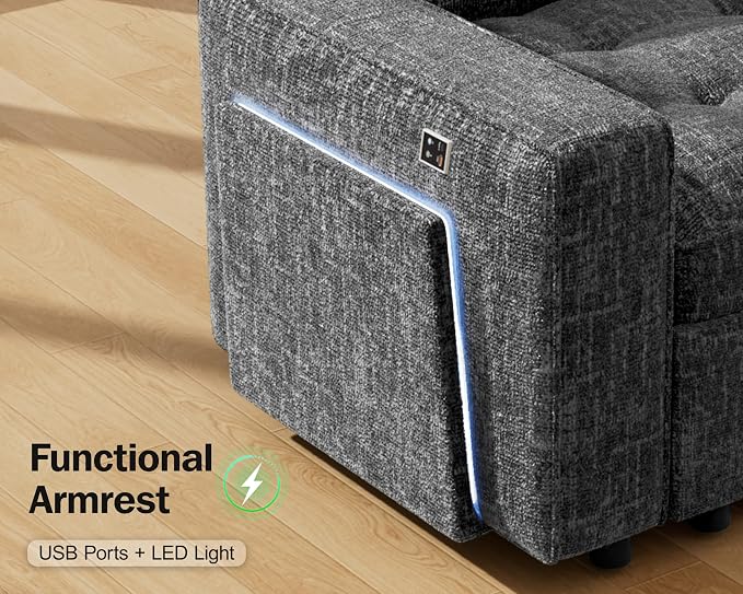 Vipbear 8 Seat U Shaped Modular Sectional Sleeper Sofa with Pull Out Bed/Reclining Backrest/USB Ports/Table/LED Light/Storage Seat, Sectional Sleeper Couch, Tool-Free Assembly, Chenille Dark Grey