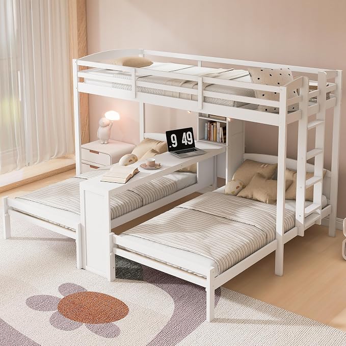 VilroCaz Twin Over Twin & Twin Bunk Bed with Built-in Desk and Storage Shelves, 3 Beds in 1 Design Solid Wood Triple Bunk Bed with Reading Lamp and Guardrails for Kids Teens Aldults (White-2.14)