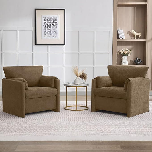 Oversized Accent Chair for Living Room, 32.68" Large Modern Armchair Set of 2 with Deep Seat, Mid-Century Comfy Reading Chair with Padded Arms, Chenille Single Sofa Chairs for Bedroom, Dark Brown