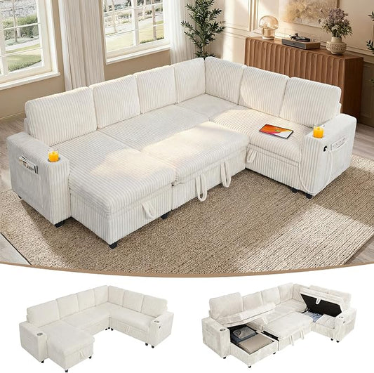 Sectional Sleeper Sofa with Pull Out Bed, 7 Seats U Shaped Sleeper Sofa with Storage Chaise, USB Ports, Cup Holders, Plush Corduroy Sectional Couch for Living Room, Beige