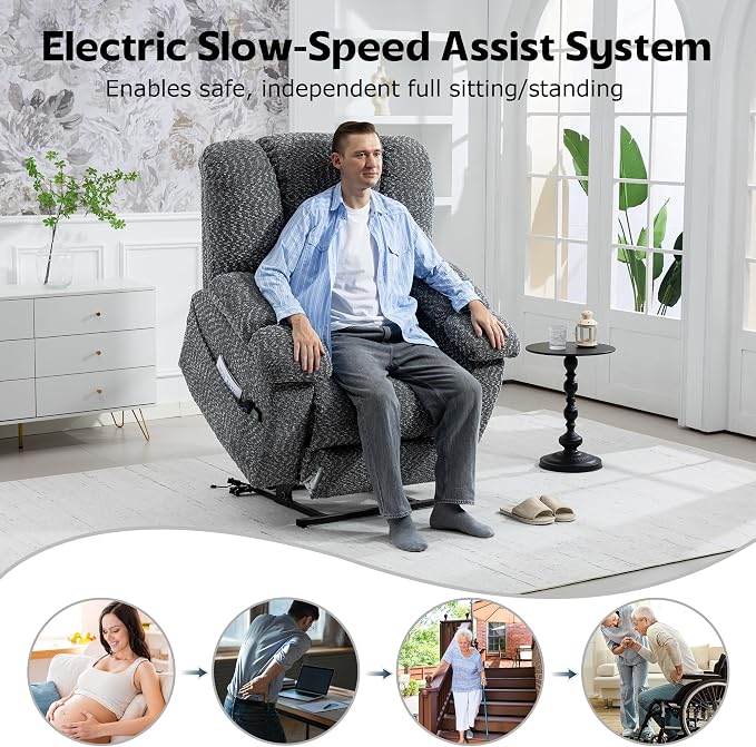 JIKFRIMA Big Man Recliner 500lbs Power Lift Recliner Chair for Big Tall Elderly Adults Oversized Lay Flat Lift Recliner with Extended Footrest,Heat Massage,Flip Arm Storage Cup Holders,USB Type C