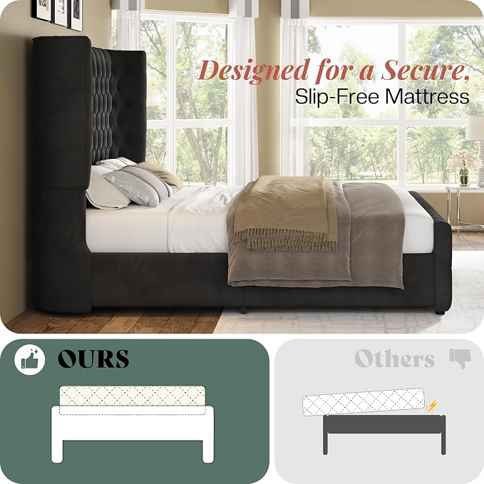 Jocisland California King Size Upholstered Bed Frame with 6.3-Inch Curved Wingback Headboard, Tufted Footboard, Wood Slats, No Box Spring Needed, Black Velvet