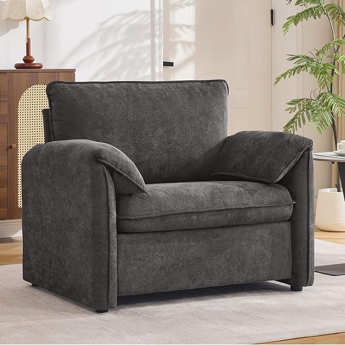 Oversized Accent Chair for Living Room, 41.73" Large Modern Armchair with Deep Seat, Mid-Century Comfy Reading Chair with Padded Arms, Chenille Single Sofa Chairs for Bedroom, Dark Grey