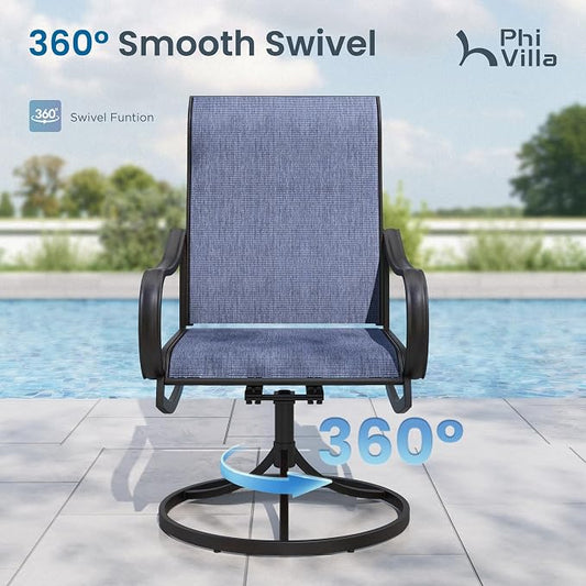 PHI VILLA 7 Piece Outdoor Patio Dining Set with 6 Swivel Dining Chairs & 1 Large Round Dining Table, Blue Textilene Mesh Fabric Chair and 54" Metal Table for All Weather