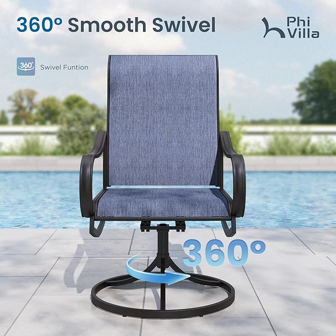 PHI VILLA 5 Piece Patio Dining Set with 4 Outdoor Swivel Dining Chairs & 1 Large Round Dining Table, All Weather Blue Textilene Mesh Fabric Chair and Round Metal Table for Deck Lawn Garden