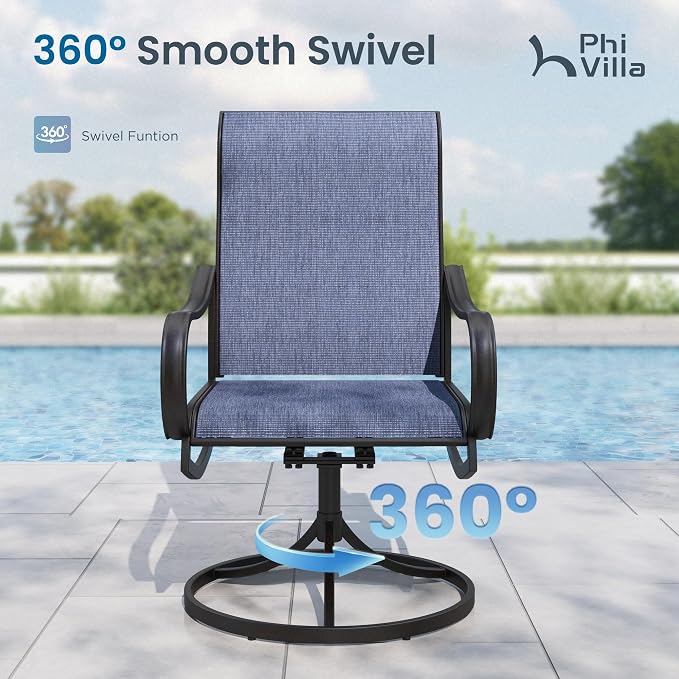 PHI VILLA 5 Piece Outdoor Patio Dining Set with 4 Swivel Dining Chairs & 1 Wood-Like Dining Table, All Weather Blue Textilene Mesh Fabric Chair and Square Metal Table for Deck Lawn Garden