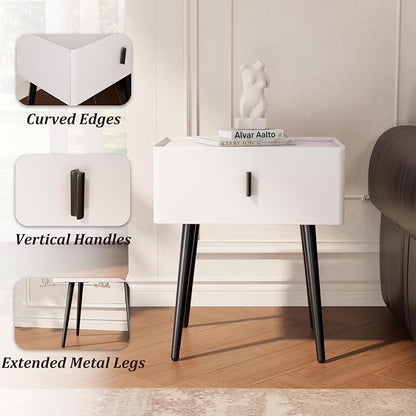 Nightstand Set of 2 with Single Drawer,Leather Side Table,Modern Bedside Table with Metal Legs for Bedroom,Small Accent End Table,White