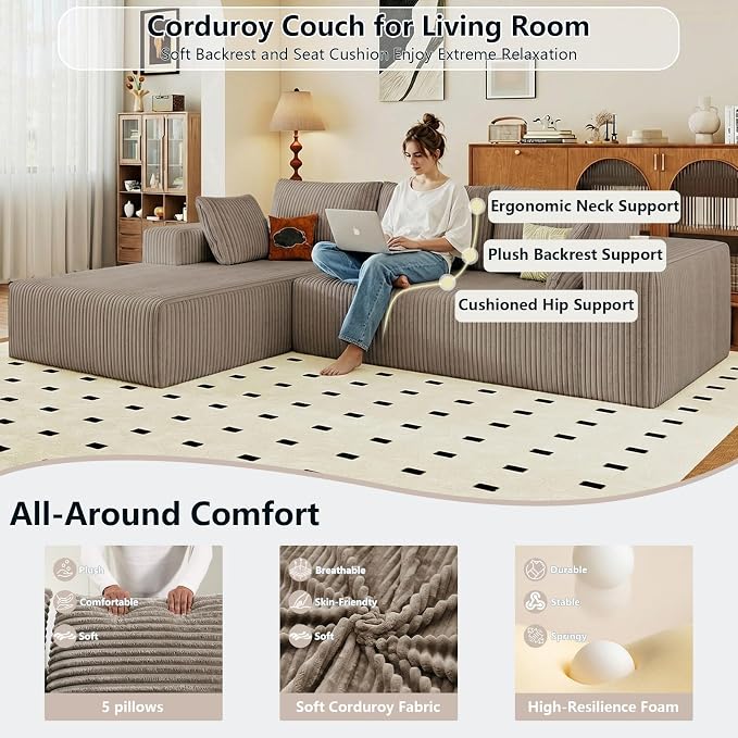 95" Cloud Sectional Couch with L-Shape Chaise, Modular Comfy Sofa Chaise Longue, Upholstered Corduroy Couches Sleeper with Deep Seat for Living Room Bedroom, No Assembly Required(Camel, Left Facing)