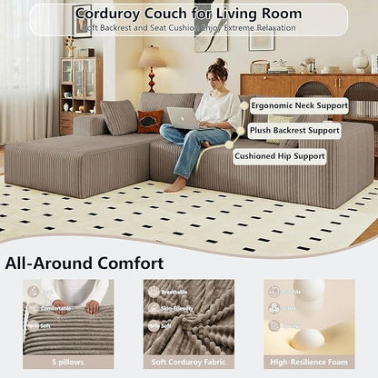 95" Cloud Sectional Couch with L-Shape Chaise, Modular Comfy Sofa Chaise Longue, Upholstered Corduroy Couches Sleeper with Deep Seat for Living Room Bedroom, No Assembly Required(Camel, Left Facing)