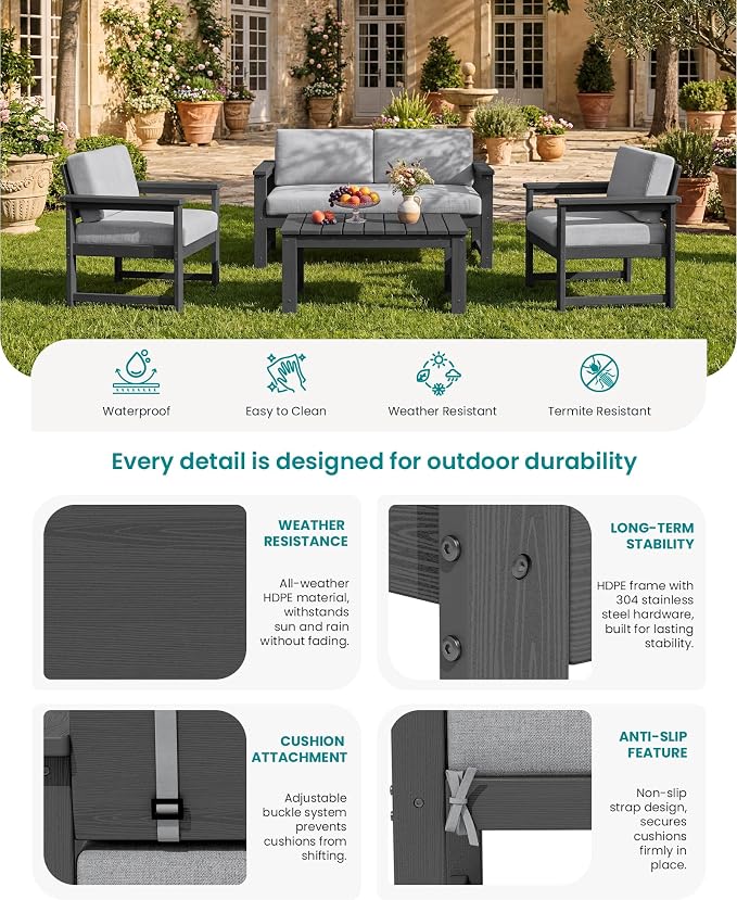 SERWALL 3 Pieces HDPE Outdoor Bistro Sofa Set with Cushions, All Weather Use Adirondack Single Armchair Set of 2 with Side Table, Grey Frame with Grey Cushions