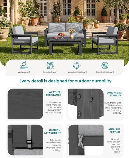 SERWALL 3 Pieces HDPE Outdoor Bistro Sofa Set with Cushions, All Weather Use Adirondack Single Armchair Set of 2 with Side Table, Grey Frame with Grey Cushions