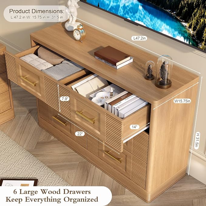 RECHHX Farmhouse 6 Drawers Dresser for Bedroom, 47.2" Wide Large Modern Chest of Drawers, Wooden Thermoformed Curved Dresser Organizer for Bedroom, Living Room, Natural Oak