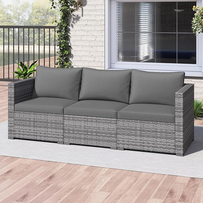 Tangkula 3 Seat Outdoor Wicker Sofa Set, Modular PE Rattan Patio Cushioned Sectional Couch Set, Outside Furniture Set for Deck, Backyard, Porch, Garden & Poolside (Grey)