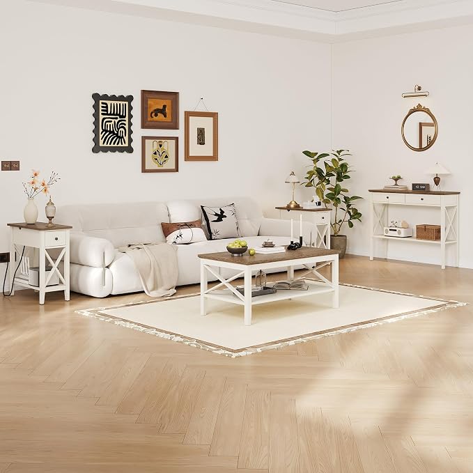 ChooChoo Farmhouse Coffee Table, Wooden Coffee Tables with Thicker Legs, White Coffee Table with Storage for Living Room