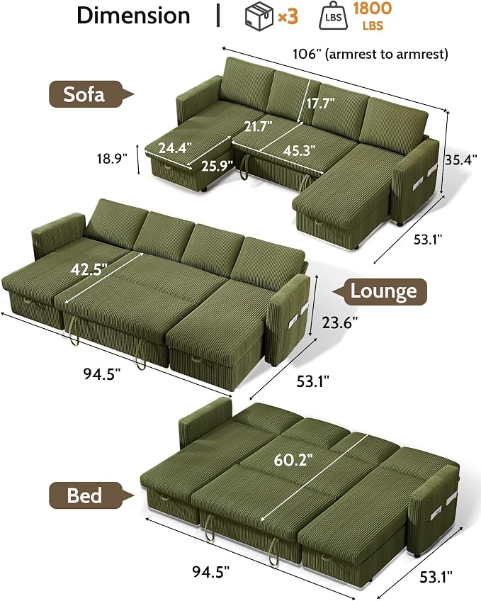 WEUP 106" U Shaped Sectional Sleeper Sofa Bed with Pull Out Bed, Sectional Sleeper Couch Pull Out Couch with Reclining Backrest/Reversible Storage Chaise/USB Ports/Tool-Free Assembly, Corduroy Green