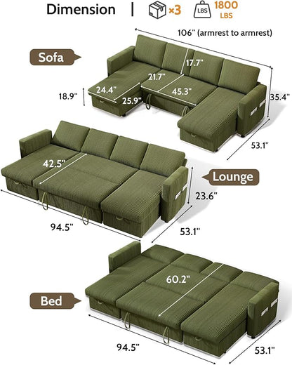 WEUP 106" U Shaped Sectional Sleeper Sofa Bed with Pull Out Bed, Sectional Sleeper Couch Pull Out Couch with Reclining Backrest/Reversible Storage Chaise/USB Ports/Tool-Free Assembly, Corduroy Green