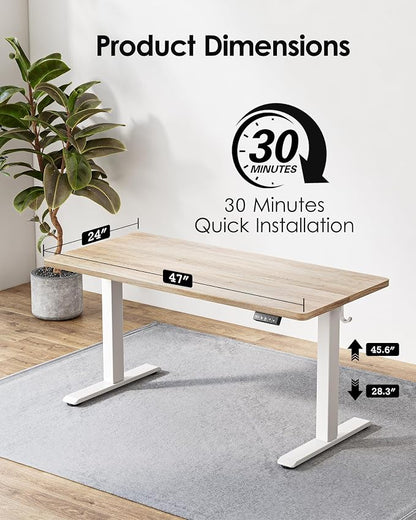 TIQLAB Electric Height Adjustable Standing Desk 47.2×23.6 inch, Sit Stand Desk for Work, Study, Memory Controller, White Frame & Maple Top Computer Workstation for Home Office