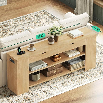71.8 Inch Extra Long Console Table with Drawers, Farmhouse Long Console Table with Shelves & Built-in Outlets, Entryway Table with Storage for Living Room, Entryway, Natural