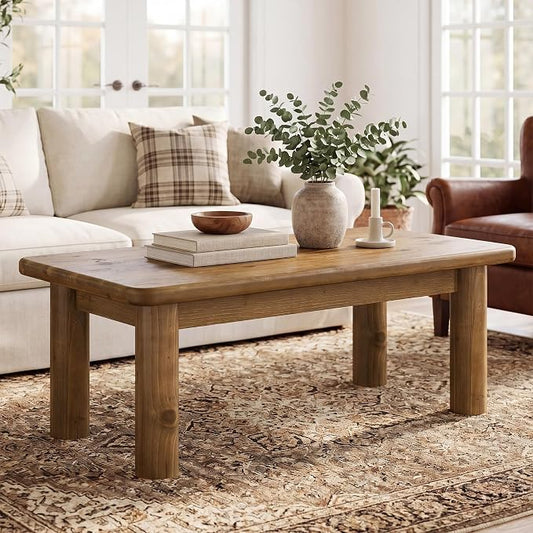 47-Inch Solid Wood Coffee Table, Rustic Rectangular Center Table for Living Room, Low Cocktail Tea Furniture with Thick Cylindrical Legs