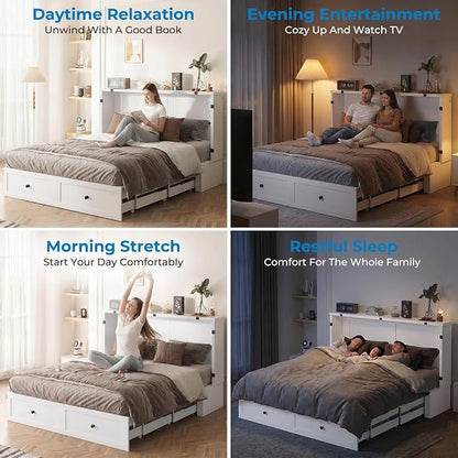 Mjkone 63" W Queen Size Murphy Bed Cabinet with Mattress & USB Charging Station, Modern Guest Beds Chest Cabinet Bed with Storage Drawer for Bedroom Home Apartment, White