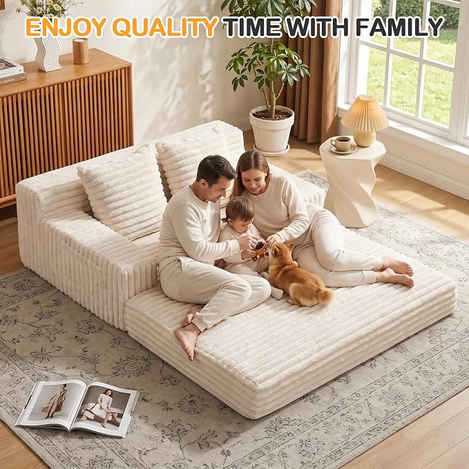 Erament Boneless Loveseat Convertible Sofa Bed, Folding Floor Futon Sleeper Sofa Couch Bed- Boneless Foldable Couch, Furry Pull Out Sofa Bed with 2 Pillows for Living Room & Bedroom
