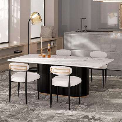 Morden Fort Modern Dining Table Set for 4, 70" Kitchen Table with Marble Rectangle Top and Black Fluted Base, 4 Boucle Upholstered Chairs for Dining Room, Restaurant and Reception