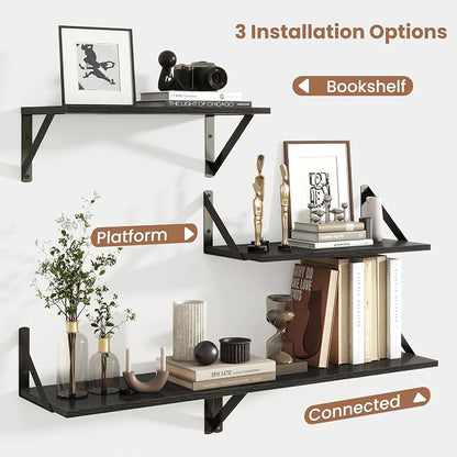 Axeman Floating Shelves for Wall, 16''W x 8''D Black Floating Shelves Set of 2, 8 Inch Deep Wall Shelves for Bookshelf Living Room Bedroom Home Office Bathroom