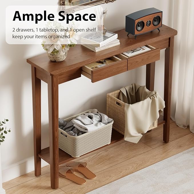AQIMUELE Wood Console Table with Drawers, Walnut