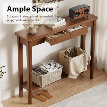 AQIMUELE Wood Console Table with Drawers, Walnut
