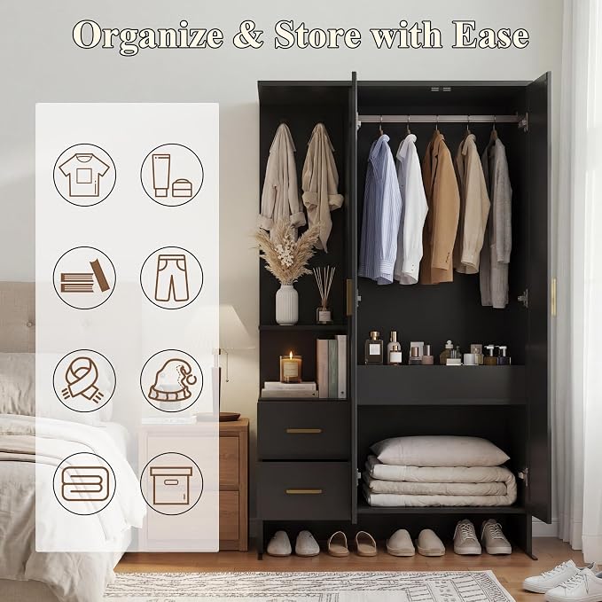 Gyfimoie Modern Wardrobe Closet with 2 Doors & 2 Drawers, 67.8" Tall Armoire Wardrobe with Open Shelves, Freestanding Wardrobe for Bedroom, Wooden Wardrobe Combination for Hanging Clothes (Black)