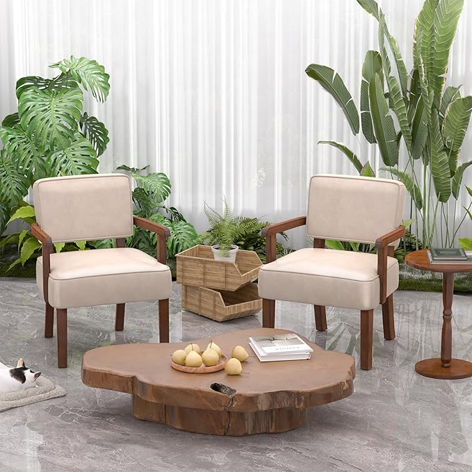 FAGAGA Accent Chairs Set of 2 with Table, PU Leather Chair for Living Room Oversized Armchair with Soft Seat and Armrests for Bedroom Dinning Reading Waiting Room (Leather Beige)