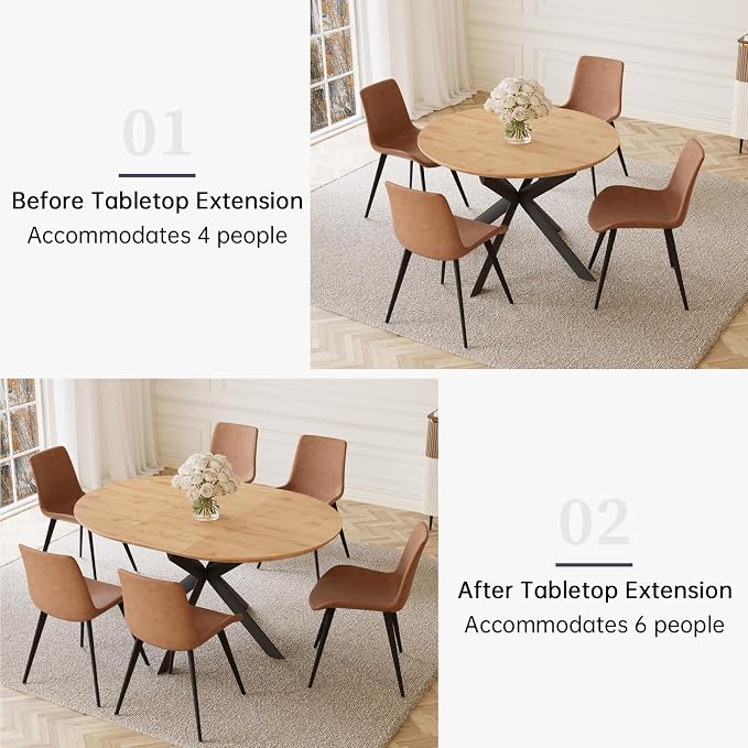 HIPIHOM 43.2"-59.1" Extendable Round Dining Table | Mid century modern oak finish, MDF board, space saving design, for 4-6 person, kitchen & coffee table
