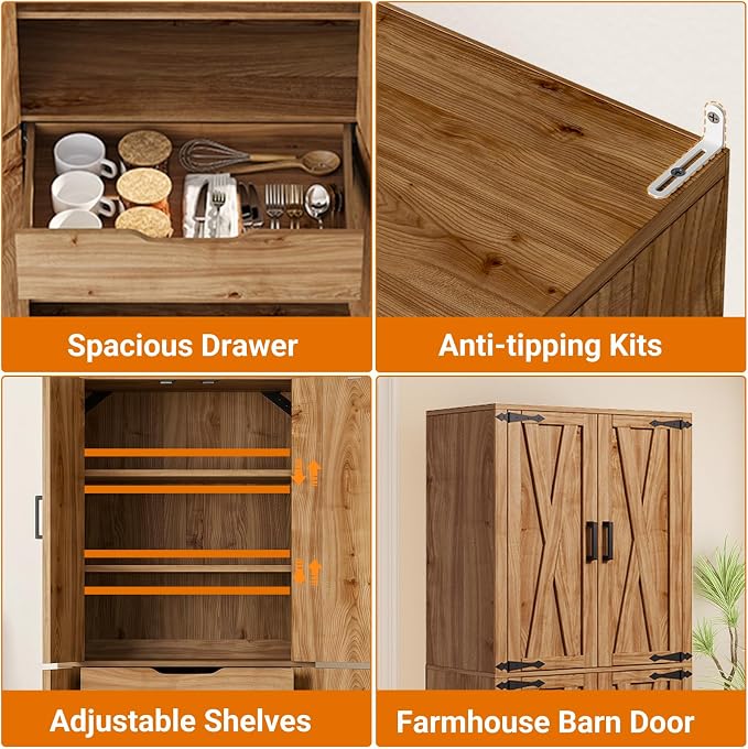 Unikito 71" Tall Kitchen Pantry Storage Cabinet with Farmhouse Barn Doors and Storage Drawer, 4 Adjustable Shelves, Freestanding Cupboard for Dining Room, Living Room, Utility Room, Natural