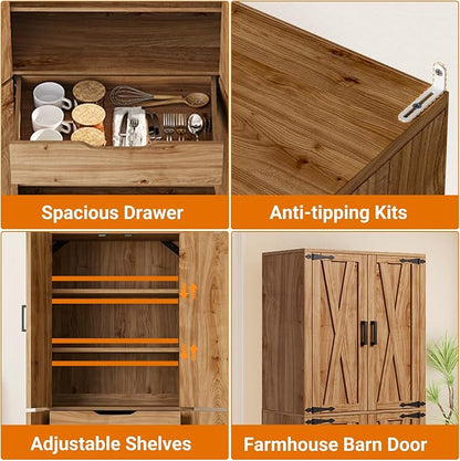 Unikito 71" Tall Kitchen Pantry Storage Cabinet with Farmhouse Barn Doors and Storage Drawer, 4 Adjustable Shelves, Freestanding Cupboard for Dining Room, Living Room, Utility Room, Natural