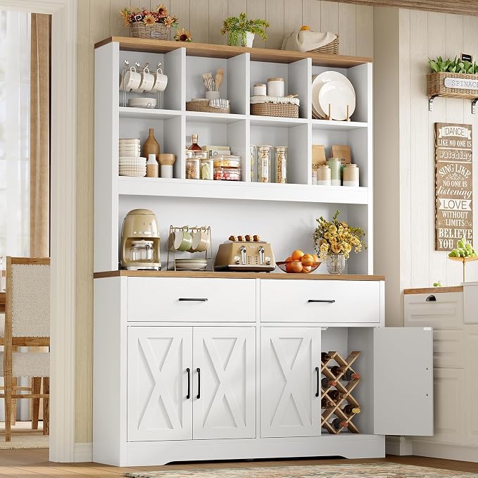 TEENFON Storage Cabinet with Doors and Drawers, Pantry Cabinets, 5 Tier Floor Standing Bookshelves, Bookshelf and Bookcase, 8 Open Storage Shelves and Printer Stand for Study, Living Room, Office