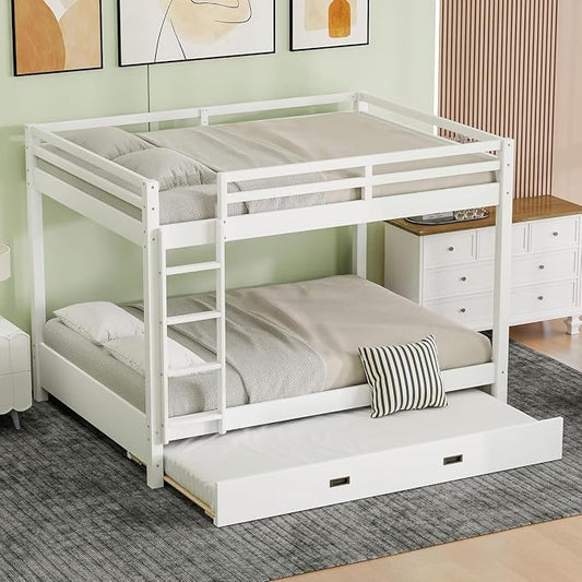 MERITLINE Queen Over Queen Bunk Bed with Twin XL Trundle, Solid Wood Bunk Bed with Ladders and Guardrails for Adults (White)