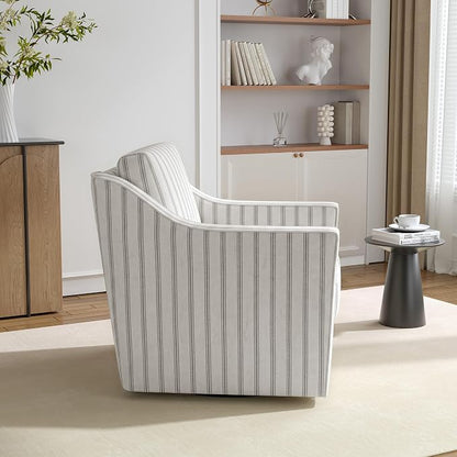 Swivel Accent Chairs Set of 2, 360° Swivel Upholstered Club Armchairs for Living Room, Comfy Reading Chair with Deep Seat, Metal Swivel Base, Pinstripe Light Gray