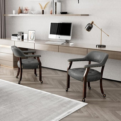 LEEMTORIG Dining Chairs with Casters and Arms, Rolling Dining Chairs with Wheels for Elderly, Ergonomic Wide Seat Wooden Office Desk Chairs, 26"D x 25.2"W, Espresso Legs & Dark Grey Fabric SY-318-GY