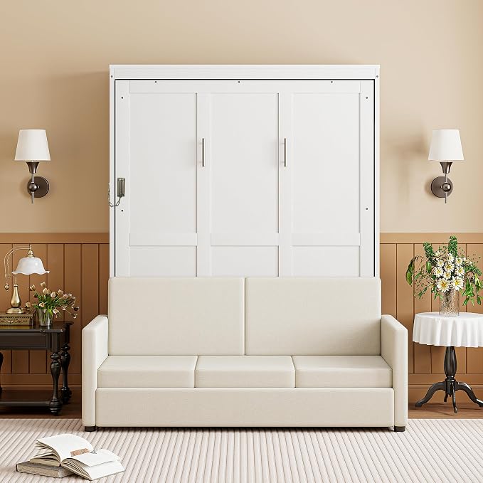 Ball & Cast Murphy Bed Full Size Wall Bed with Sofa,can be Folded,Multifunctional Wood Hideaway Cabinet Bed Frame,Slat Support,Save Space,for Apartment,Guest Room,White