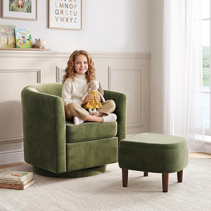 Swivel Accent Chair with Storage Ottoman, Small Modern Velvet Barrel Chair, Upholstered Armchair with Footrest for Living Room/Reading/Bedroom, 24.8'' D x 25.38'' W x 25.6'' H, Green