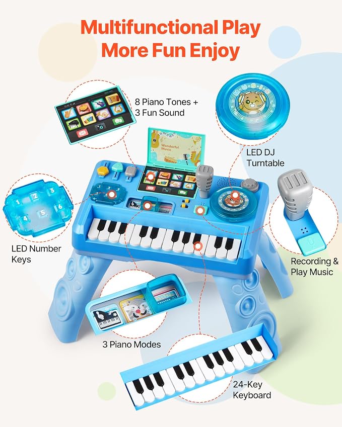 VEVOR Baby DJ Playset for Toddlers 6-18 Months, Educational Musical Table Toys with 133 Sound Sources, Recording and LED DJ Turntable, Baby Activity Table for Birthday, for Kids Aged 6-18 Months