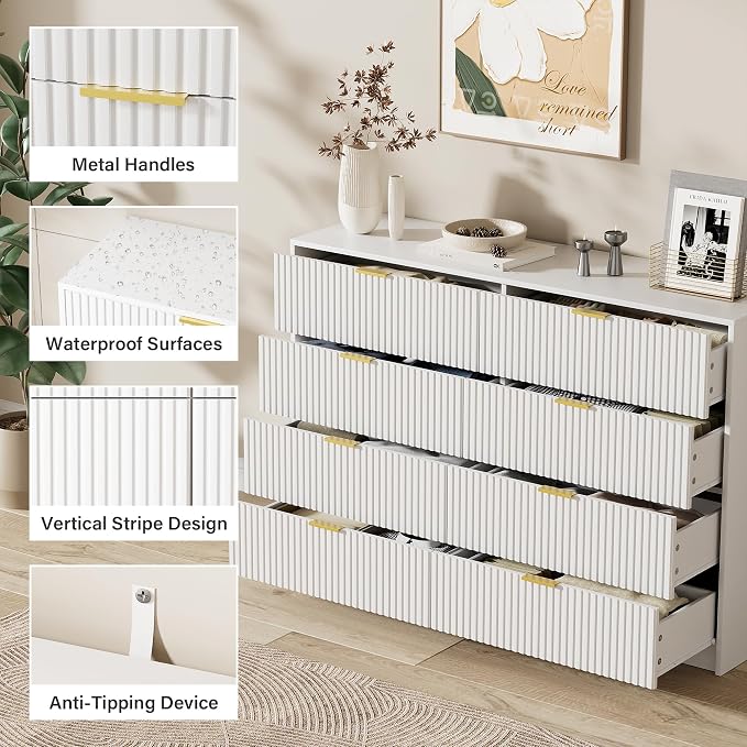 Furniway White 8 Drawer Dresser for Bedroom, Modern Dresser with Smooth Slides, Wide Chest of Drawers with Golden Handles for Bedroom, Living Room, Closet, 15.7" D x 55" W x 37.4" H