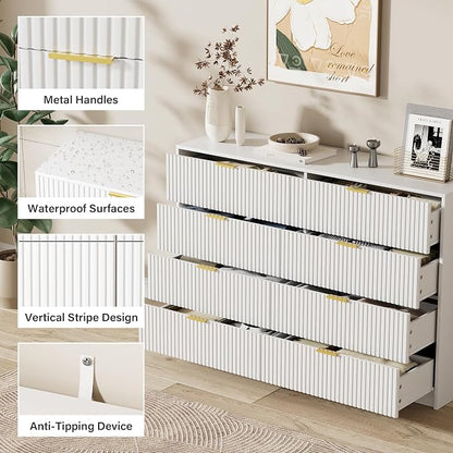 Furniway White 8 Drawer Dresser for Bedroom, Modern Dresser with Smooth Slides, Wide Chest of Drawers with Golden Handles for Bedroom, Living Room, Closet, 15.7" D x 55" W x 37.4" H