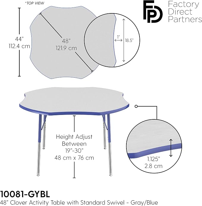 FDP Clover Activity School and Office Table (48 x 48 inch), Standard Legs with Swivel Glides for Collaborative Seating Environments, Adjustable Height 19-30 inches - Gray Top and Blue Edge