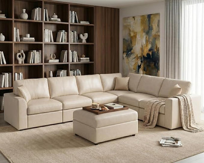 Oversized Faux Leather Modular Sectional Sofa for Living Room | with Ottoman, Extra Deep Seat, Pet-Friendly, Easy to Clean, Large 7 Seater U Shaped Cloud Couch, Beige