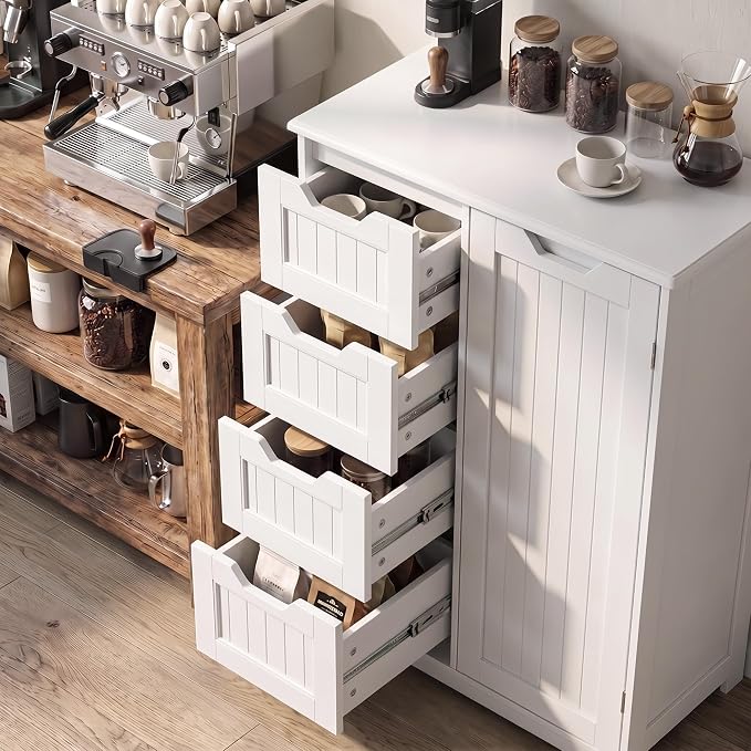 Gizoon Small Pantry with Door and Shelves, 33'' Small Coffee Bar Cabinet with 4 Drawers Kitchen Pantry Storage Cabinet for Kitchen and Living Room, White, Painted